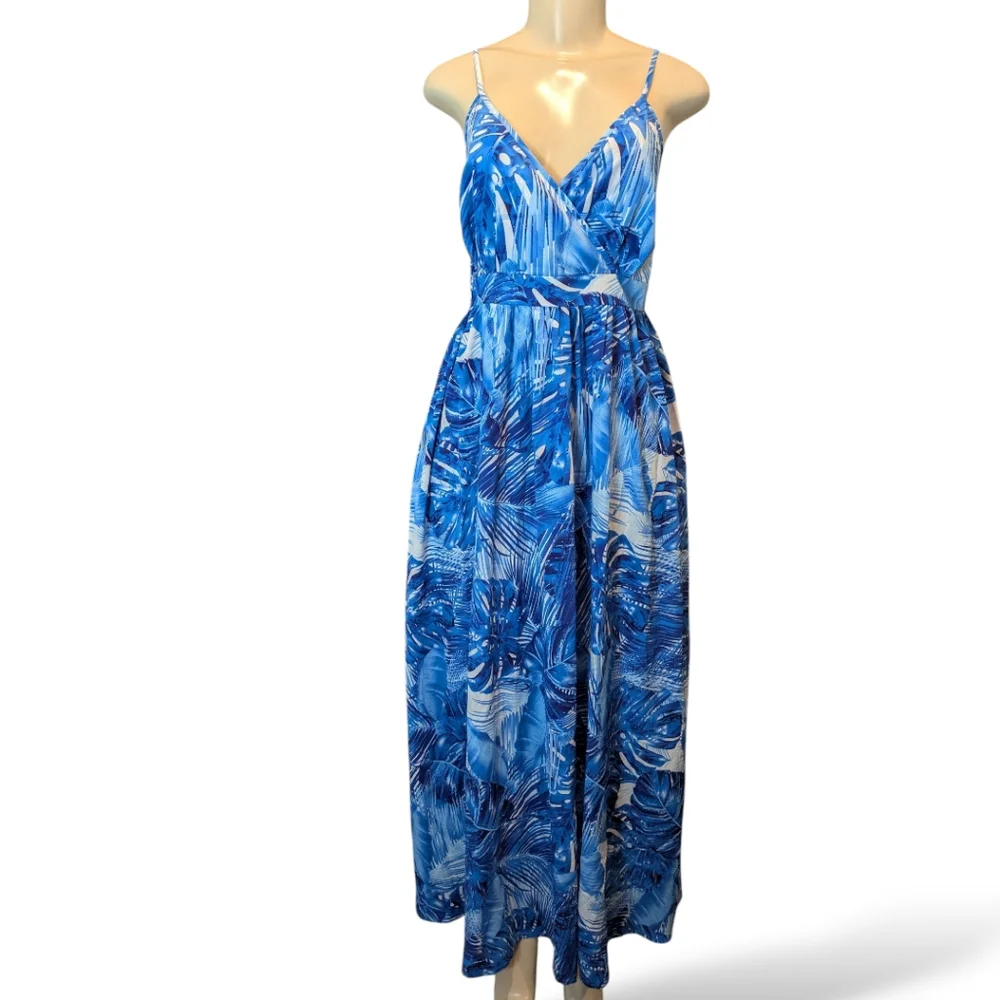 Hawaiianize Blue Tropical Print Cotton Maxi Dress Women's Large NWT